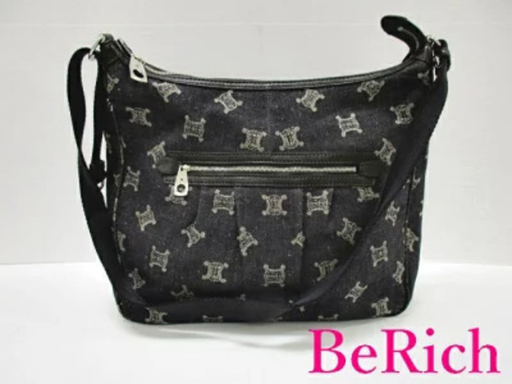 Celine Paris Macadam Shoulder Bag Navy Blue Denim Canvas Blazon Messenger